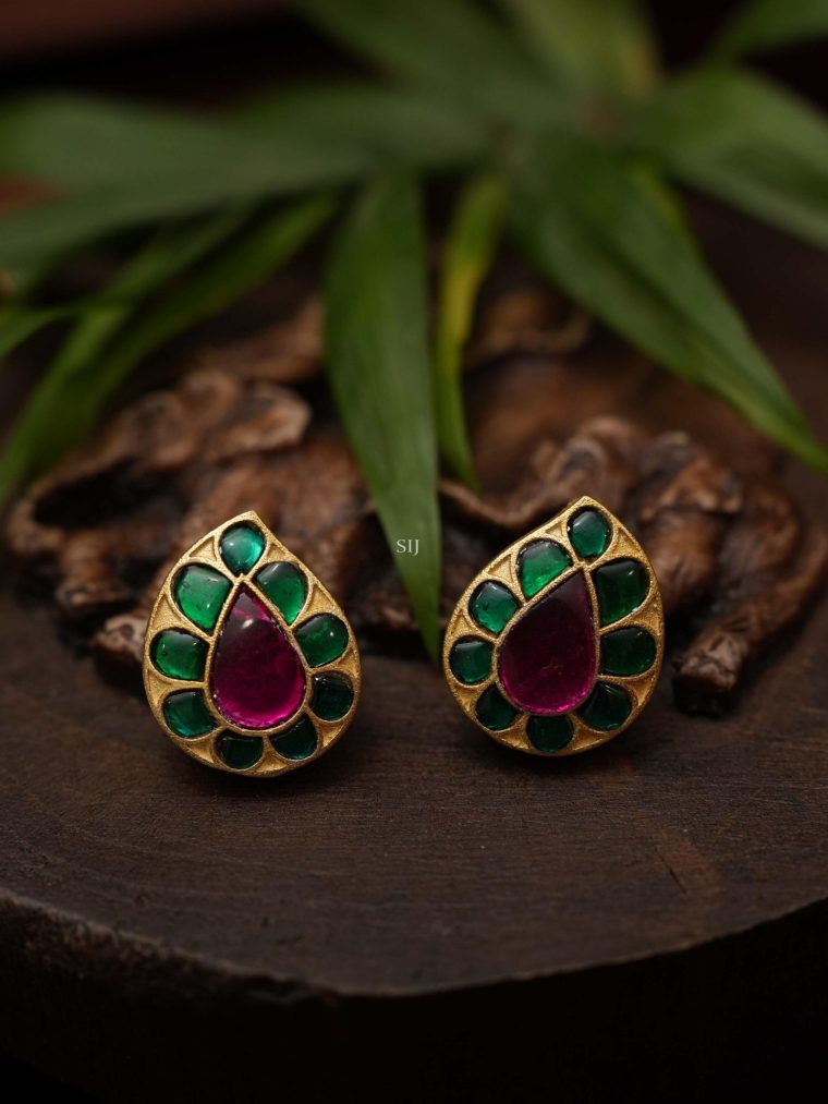 Gold Finish Green and Ruby Stone Silver Ear Stud