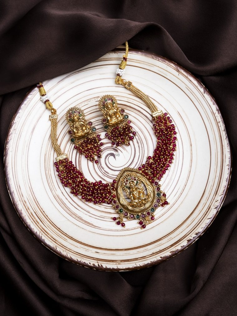 Gold Plated Lakshmi Red Beaded Necklace