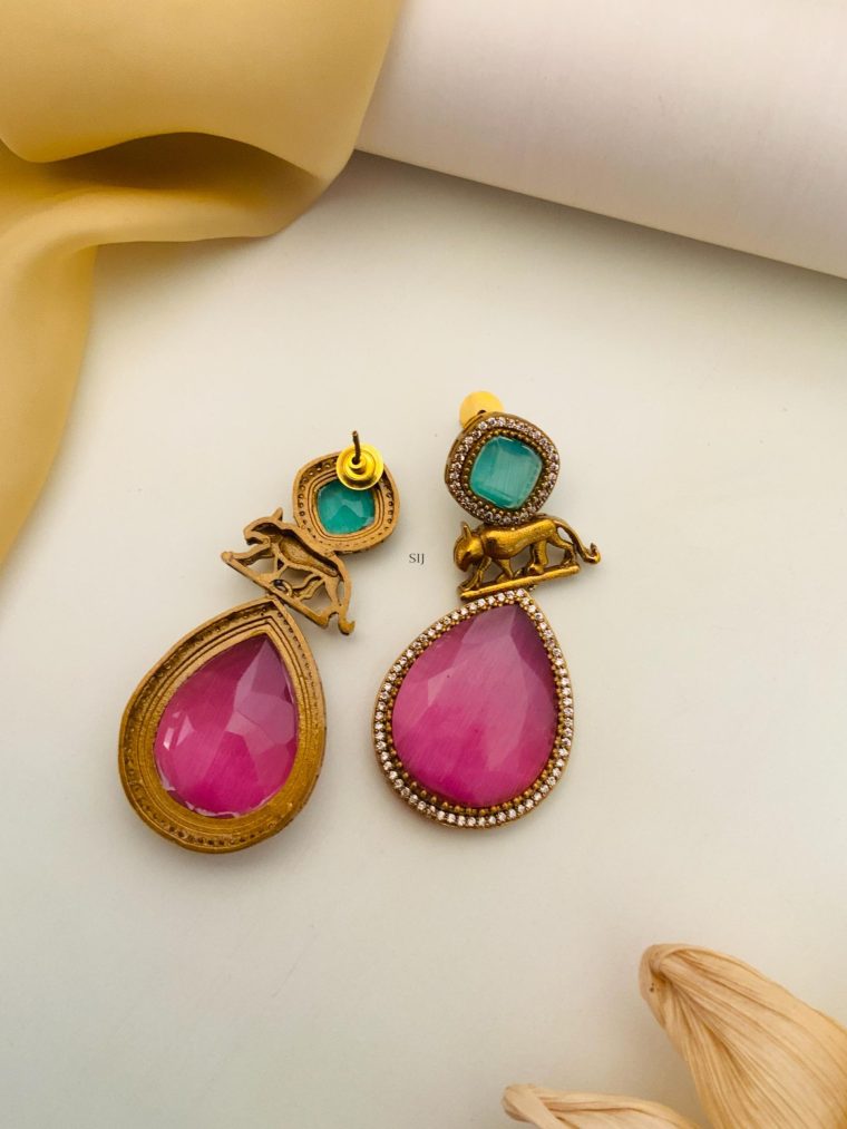 Gold Finish Pink &Green Stone Earrings