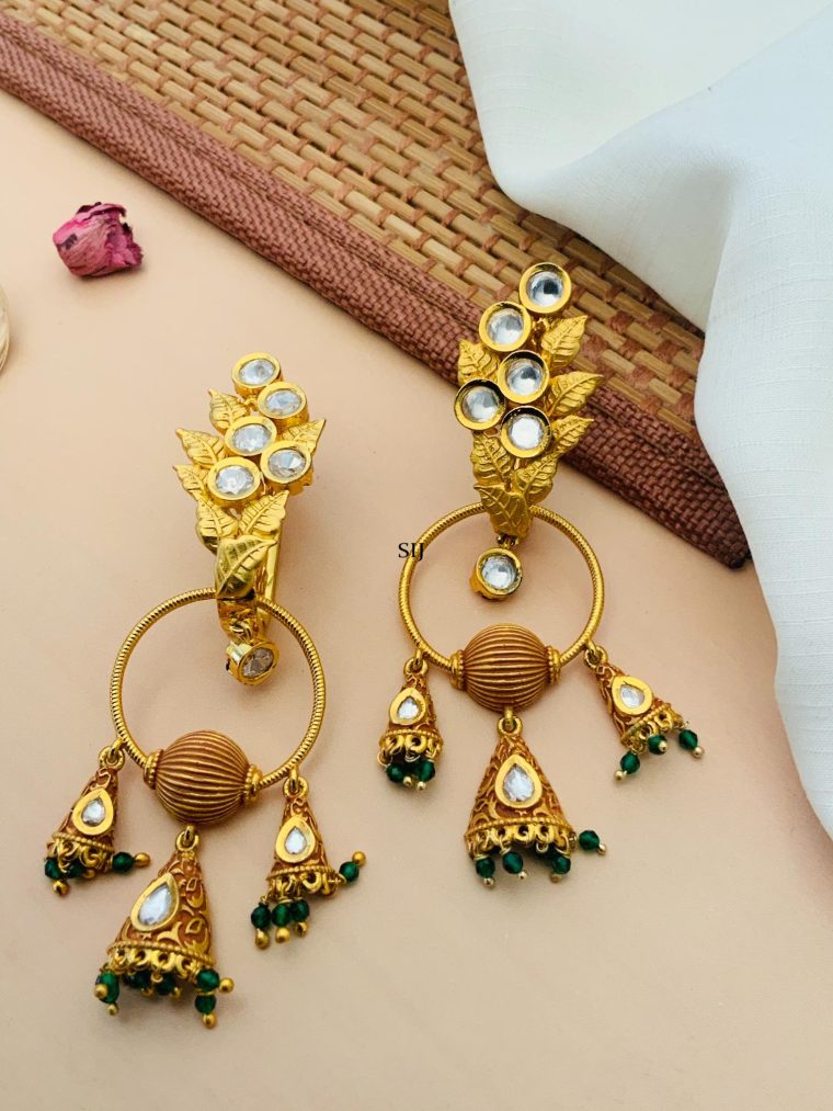 Kundan Leaf Design Earrings with Loop Hanging