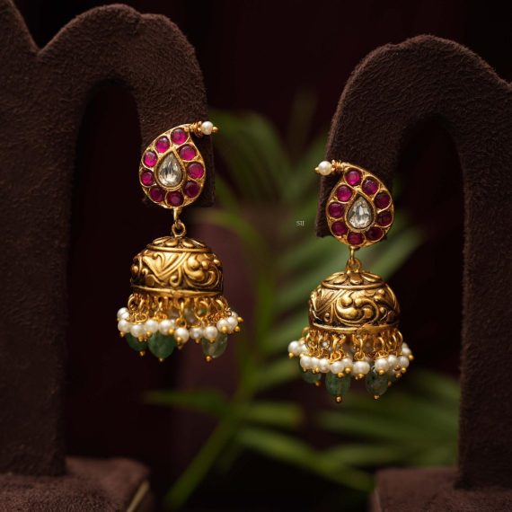 Gold Finish Reddish Pink Stones Mango Polki Jhumkas