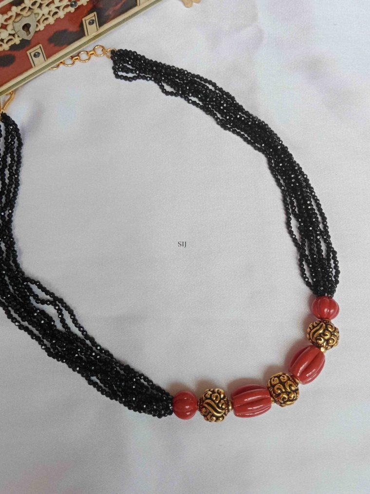 Black Beads and Coral Beads Necklace