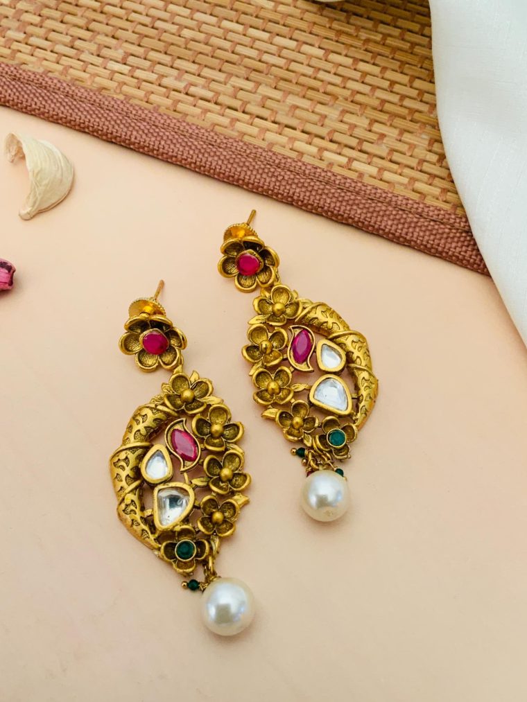 Pearl Drop Flower Design Earrings