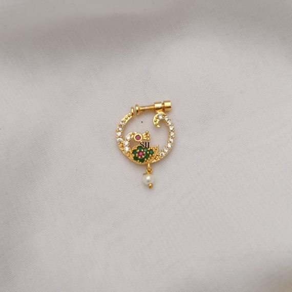 Pearl Drop Peacock Design Multi Stone Screwtype Nose Pin