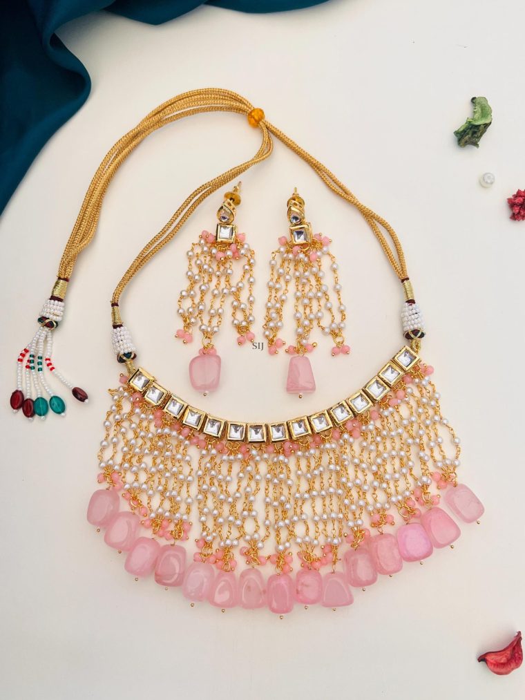 Imitation Kundan Choker with Pearl Hanging Baby Pink Beads