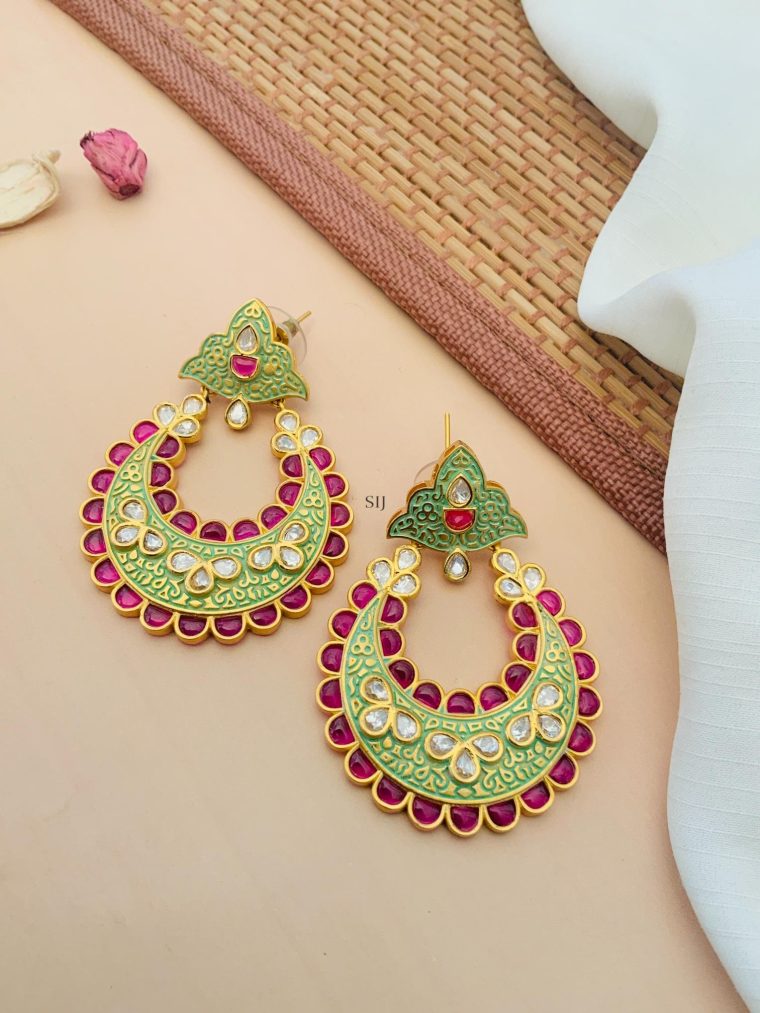 Pink &White Stone Green Colour Earrings