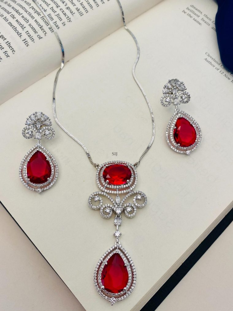 Silver Plated American Diamond Red Stone Chain &Pendant