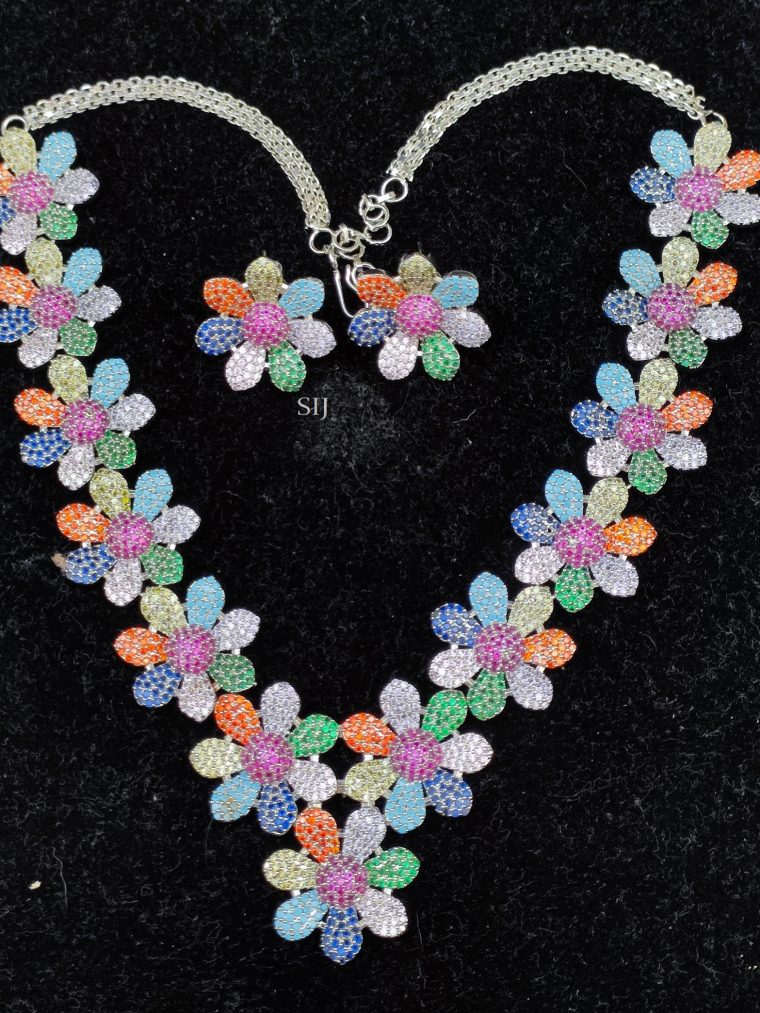 Silver Polish Multi Color Flowers Necklace