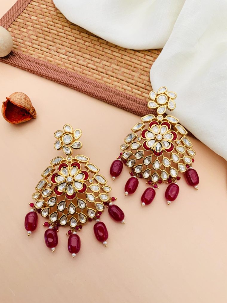 Broad Gold Plated Kundan Stones Earrings