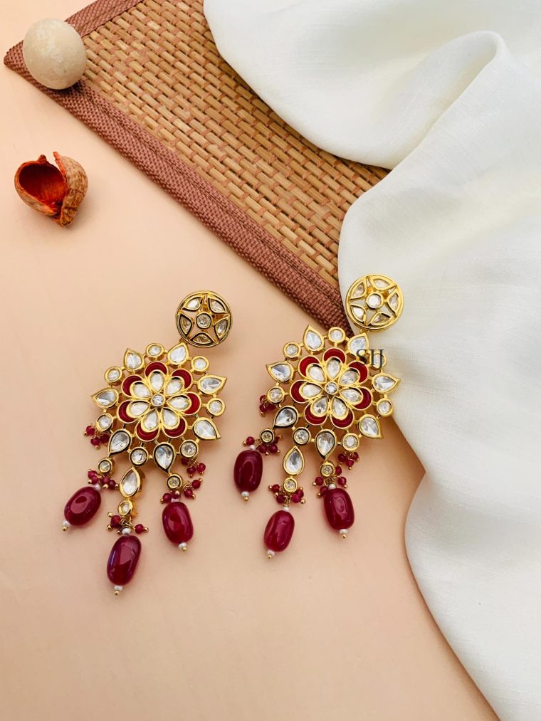 Imitation Gold Plated Kundan Stones Earrings With Maroon Hanging