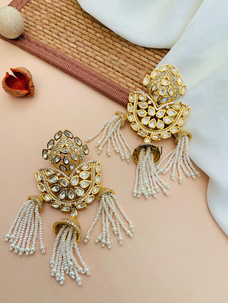 Kundan Stones Earrings With White Pearl Beaded Hanging