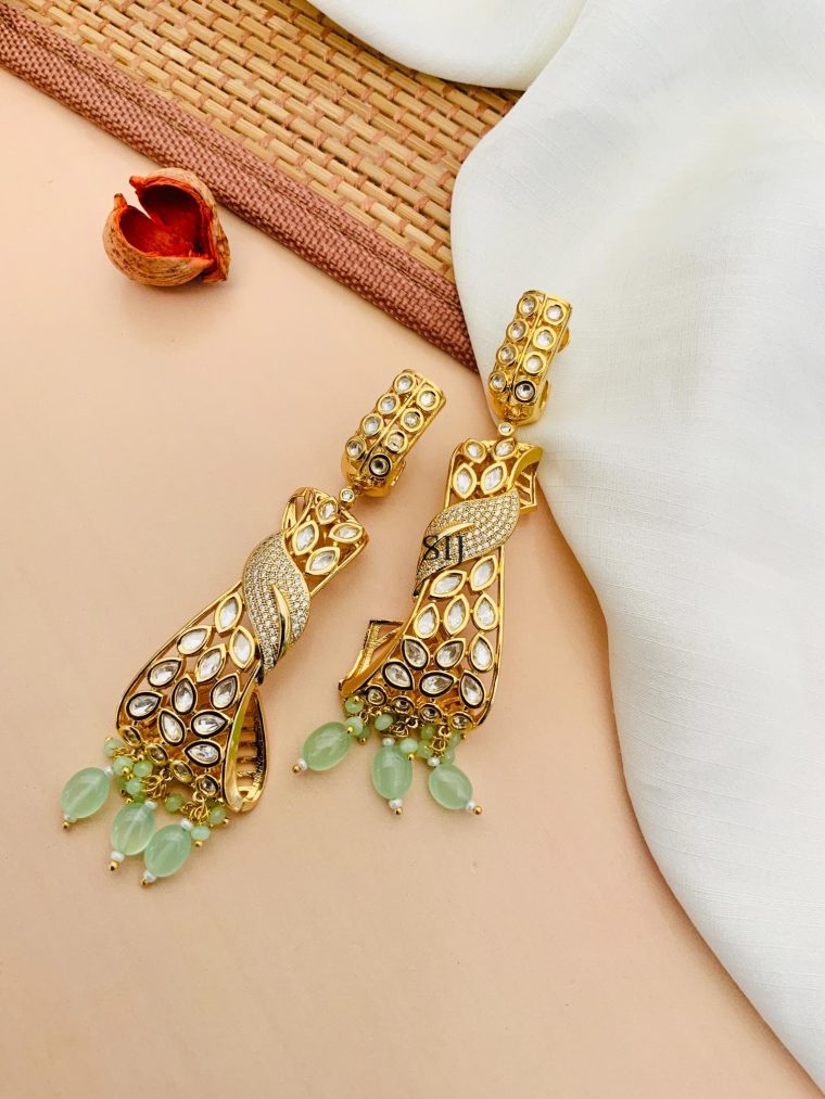 Artificial Gold Plated Kundan Stones Earrings With Beaded Hanging