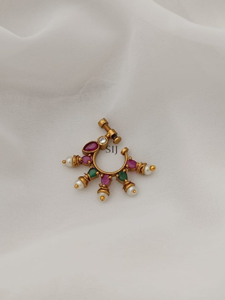 Artificial Pearl Red And Green Stones Screw Type Nose Pin