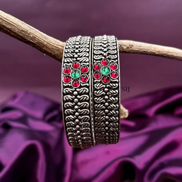 Artificial Red Stone Flower Oxidised Bangles