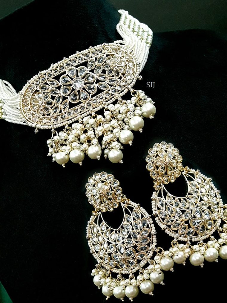 White Micro Beads Kundan Pendant Choker