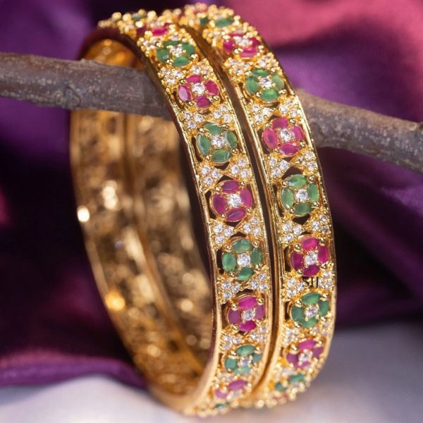 Gold Pink and Green Flower Bangles