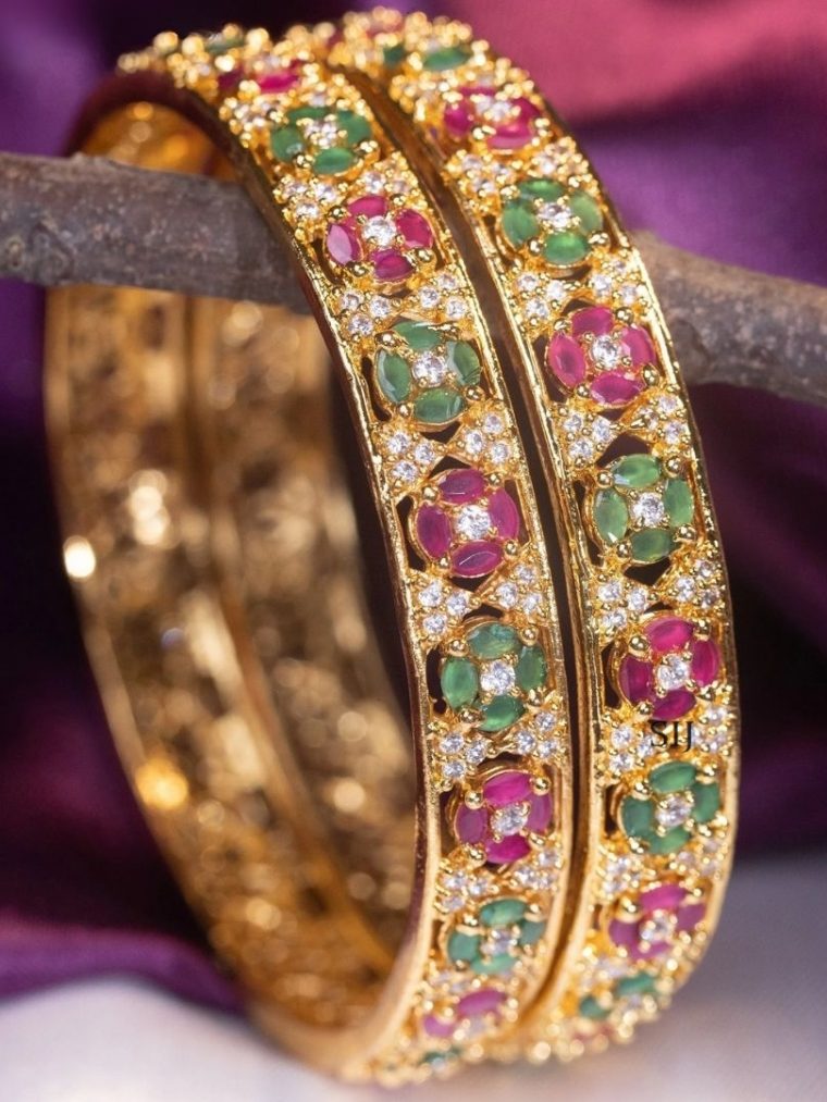 Gold Pink and Green Flower Bangles