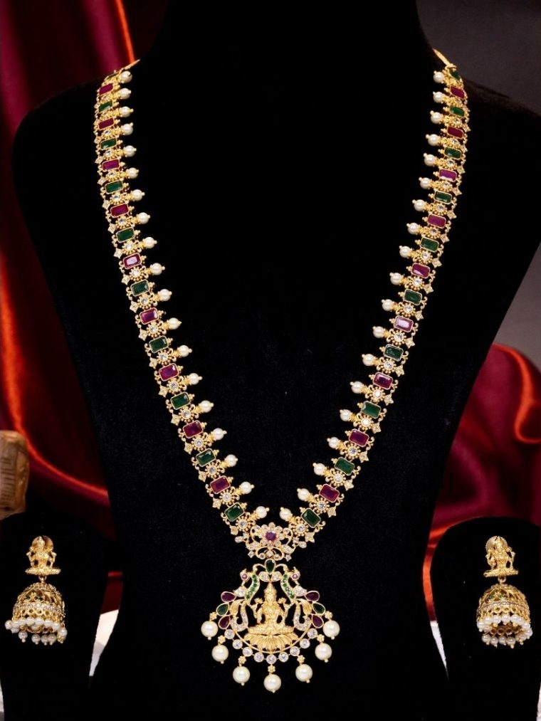 Matt Multistone Lakshmi Haram with Pearls