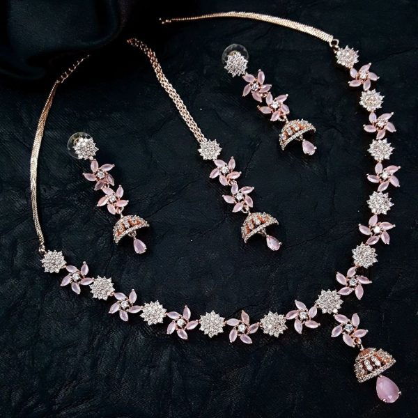 Rose Gold Flowers Necklace With Earrings And Tikka