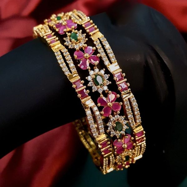 Three Layer Broad Gold Plated AD Stone Bangles