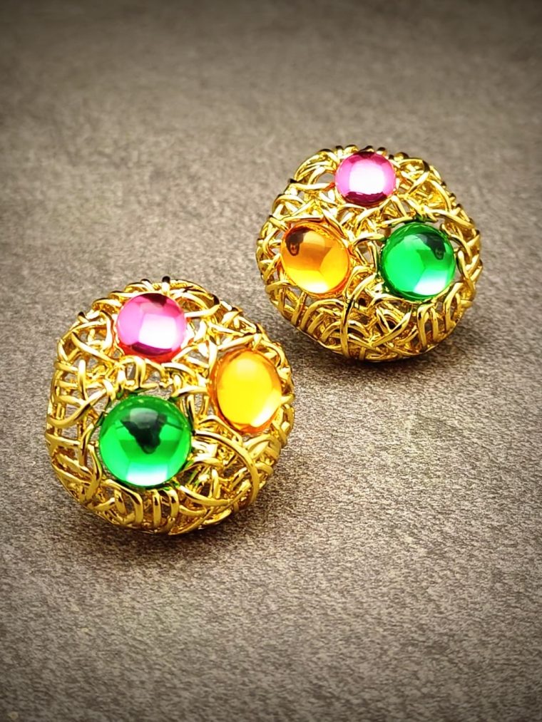 Gold Finish Multi Stones Studded Ear Studs