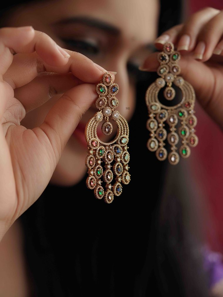 Multi Color Zircon Stones Drops Chand Bali Earrings