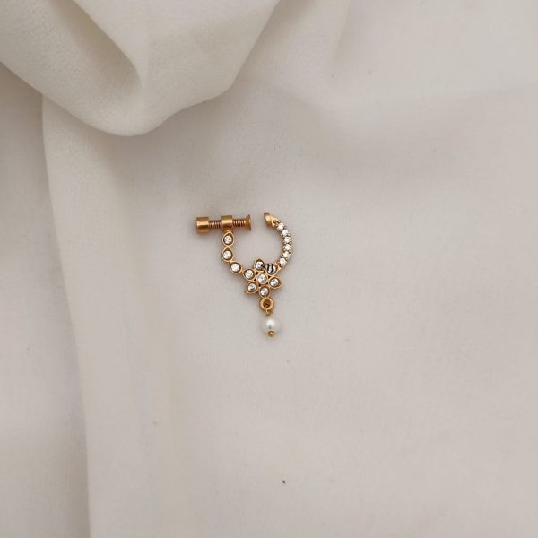 Artificial Pearl Drop White Stone Nose Pin