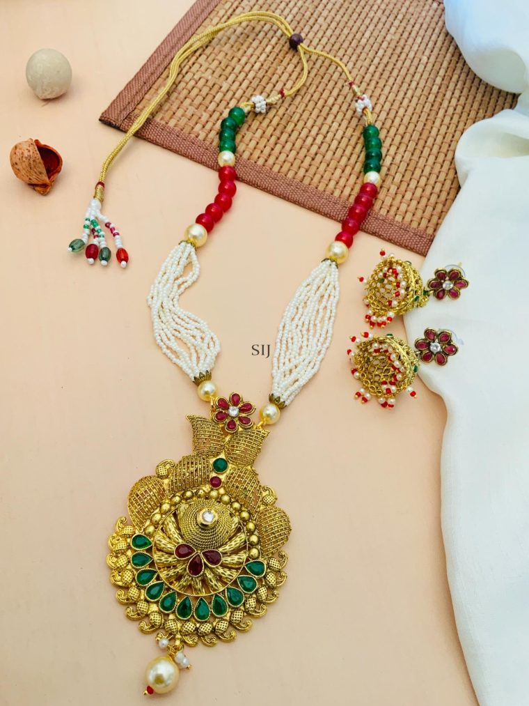 Artificial Red &Green Kundan Pearl Necklace With Jhumkas