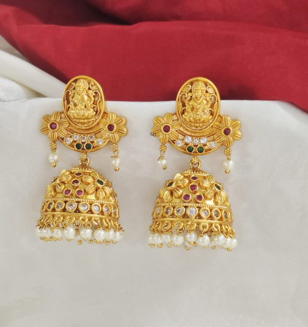 Matte Finish Lakshmi Earrings with Multi Stones Jhumkas