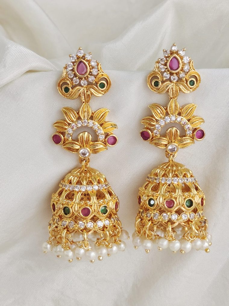 Gold Finish Multi Stones Long Jhumkas with Pearls