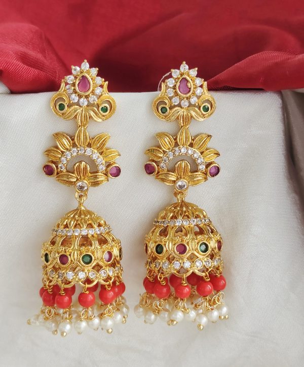 Imitation Coral Beads Long Jhumkas with Pearls