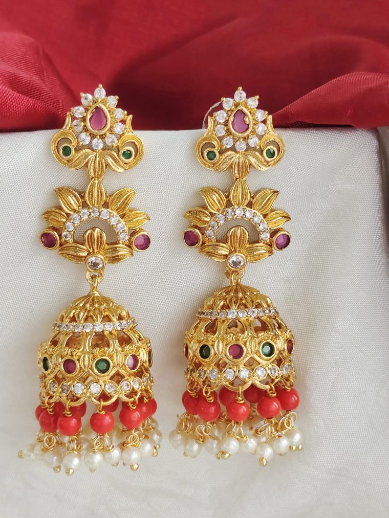 Imitation Coral Beads Long Jhumkas with Pearls