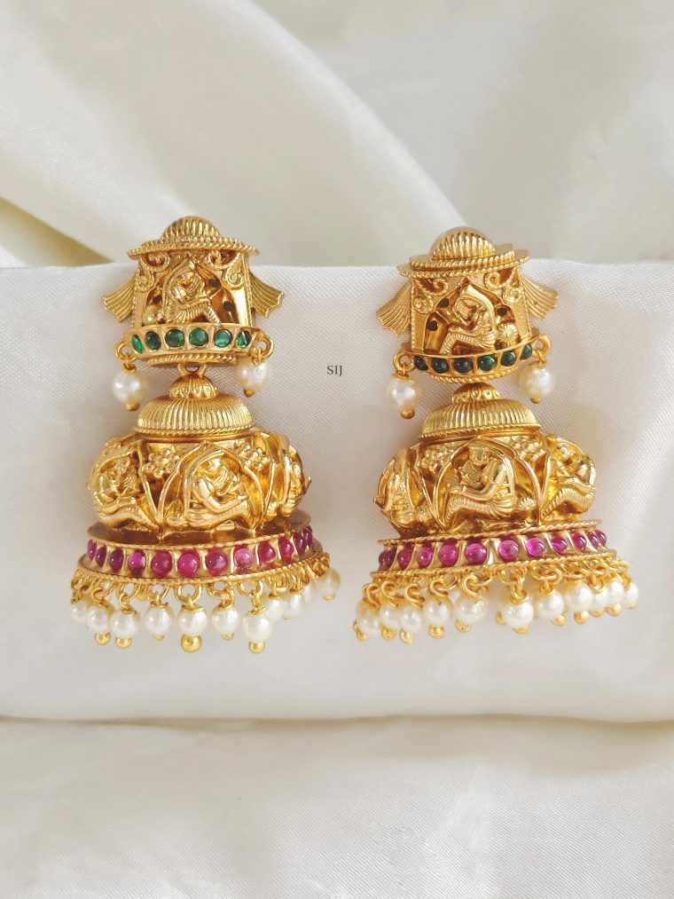 Gold Plated Nakshi Bridal Design Jhumkas with Pearls