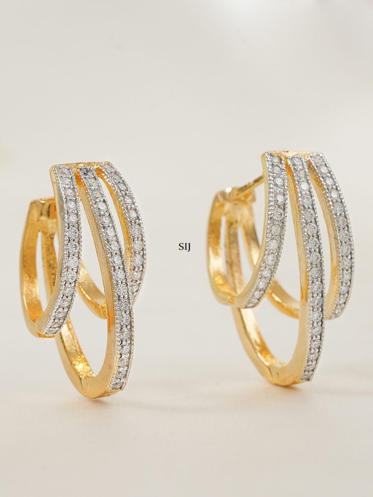 Gold Finish 3 Layer CZ Hoops Earrings