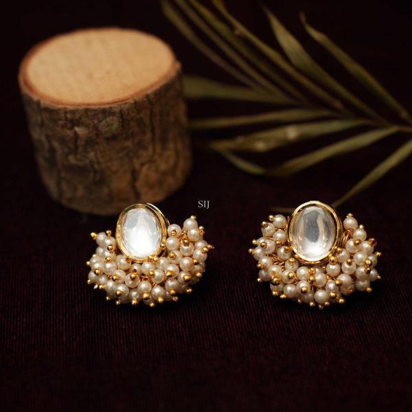 Gold Finish Pearl Drop Kundan Ear Studs