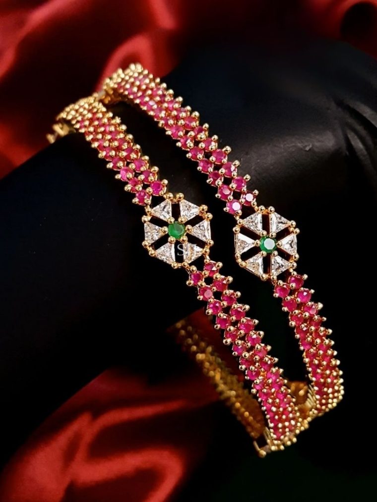 Gold Finish Ruby Stone &White Stone Bangles