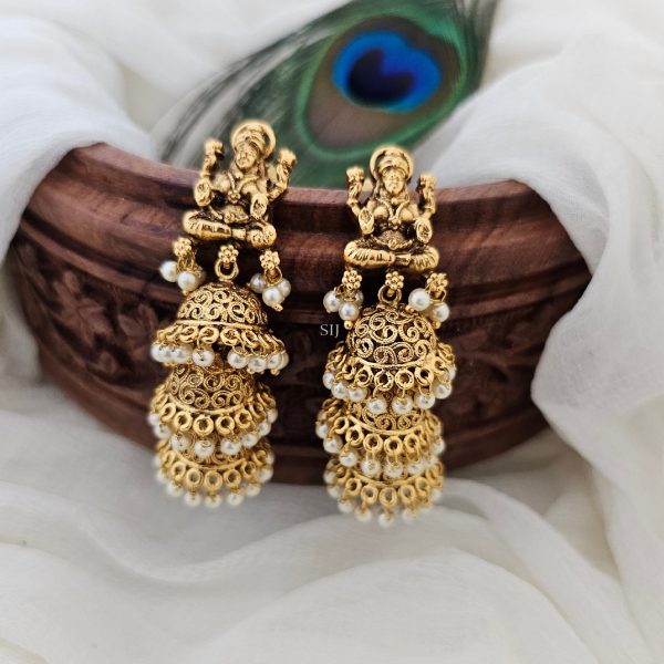 Gold Plated 3 Layer Pearl Drop Lakshmi Jhumkas