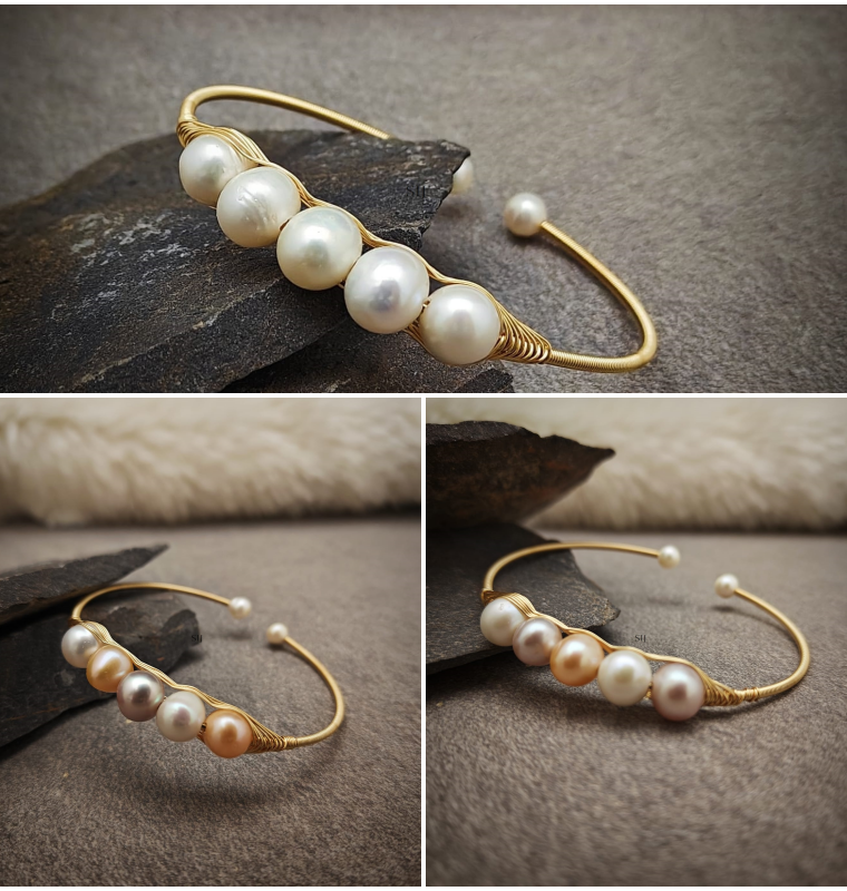 Gold Plated Multicolor Pearl Bangle Bracelet