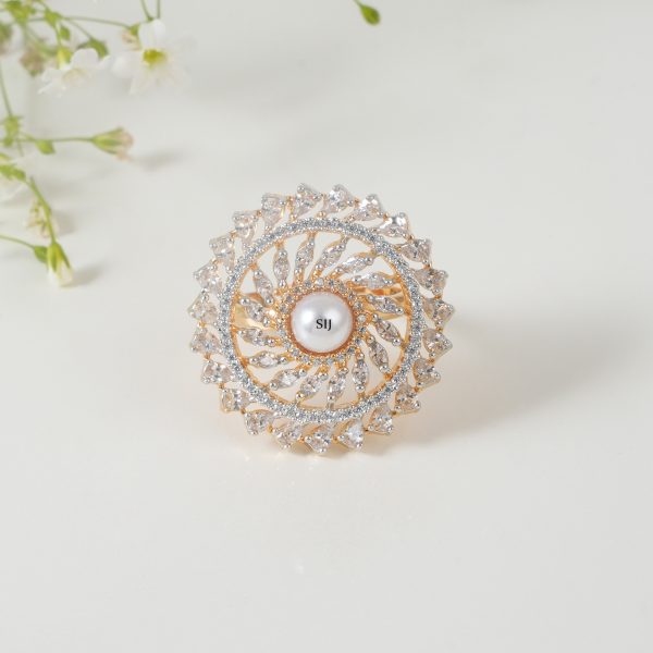 Gold Plated Pearl CZ Diamond Finger Ring