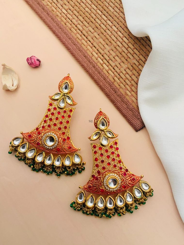 Green Beaded Red Colour Kundan Earrings