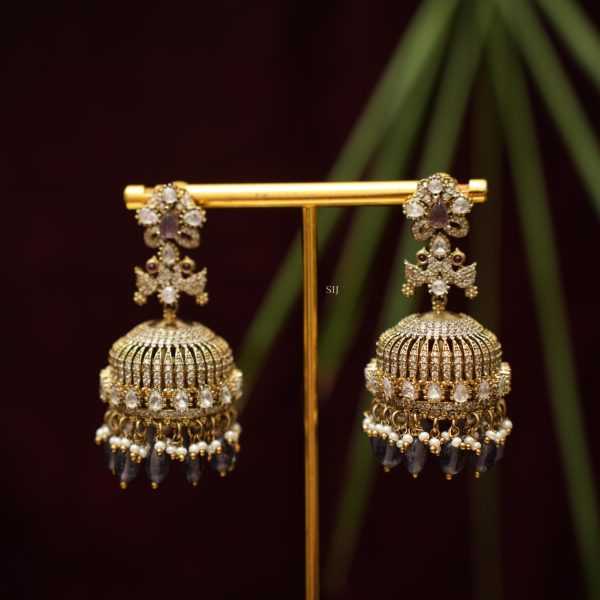 Gold Finish Dual Peacock Victorian Polki Jhumkas