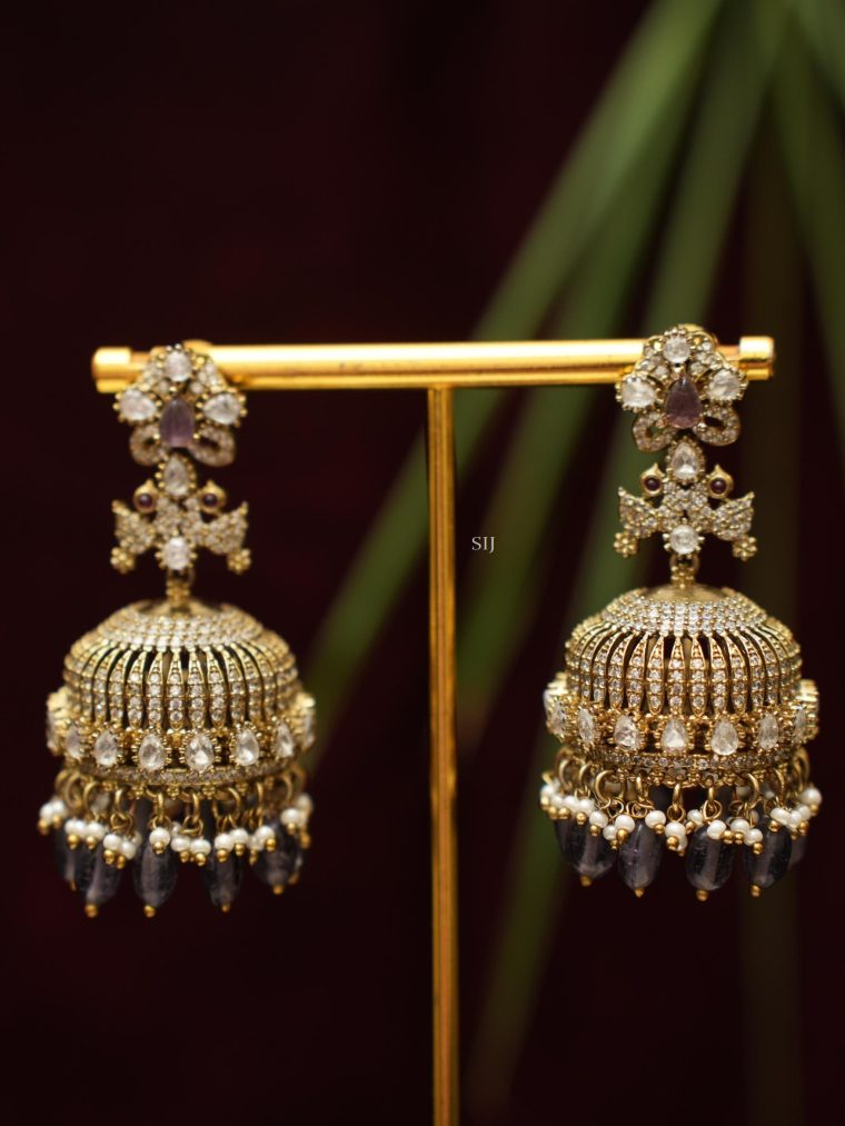 Gold Finish Dual Peacock Victorian Polki Jhumkas