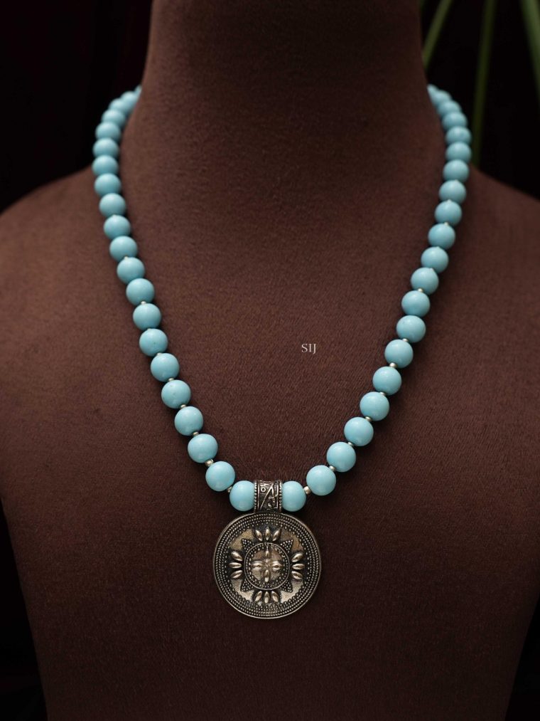 Round Design Oxidized Pendant Sky Blue Round Beads Chain