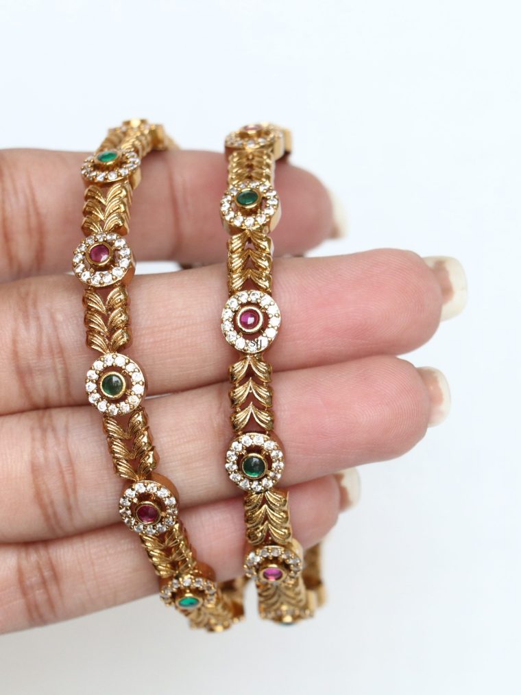 Imitation AD Studded Green &Red Stone Bangles