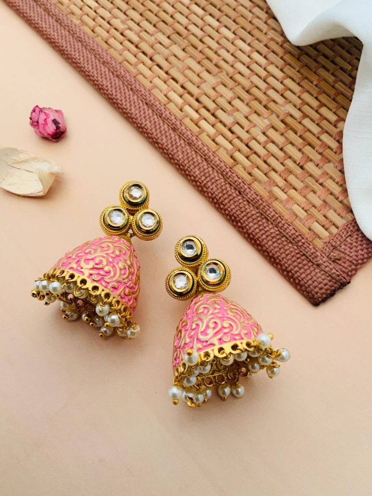 Imitation Pearl Drop Pink Colour Kundan Earrings