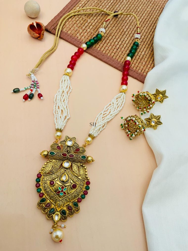 Imitation Red& Green Kundan Pearl Necklace With Star Jhumkas