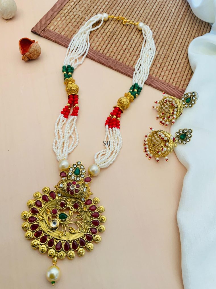 Imitation Red Kundan Pearl Necklace With Jhumkas