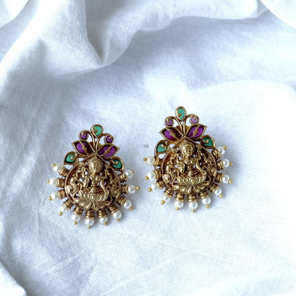 Pearl Studded Lakshmi Kemp Stone Earrings