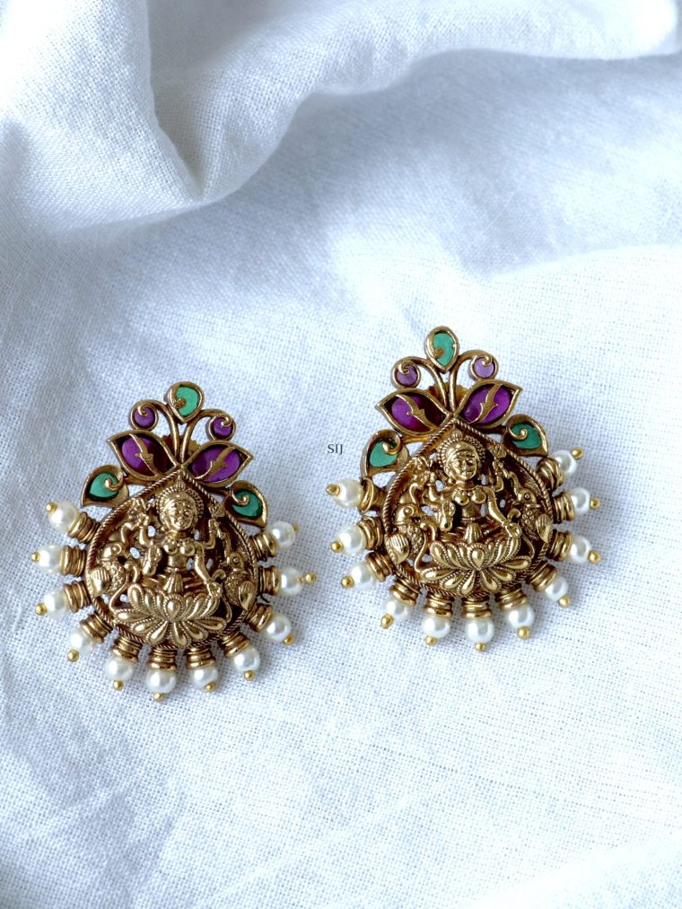 Pearl Studded Lakshmi Kemp Stone Earrings