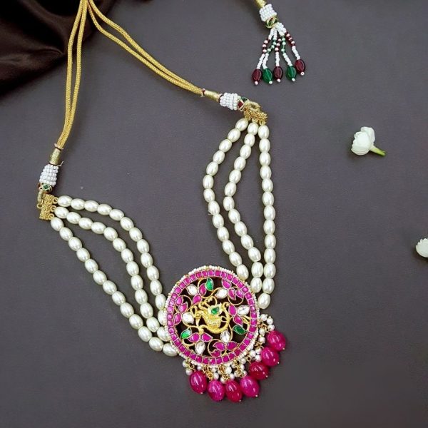 Pink Beaded Bird Design Kundan And Pearl Choker